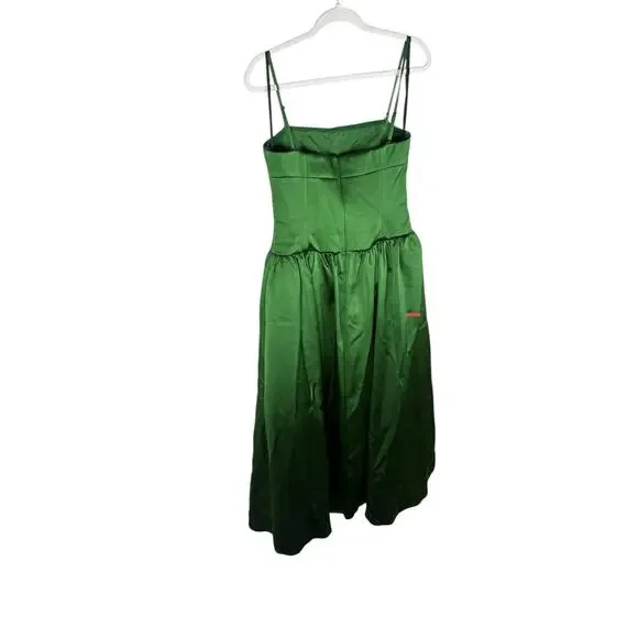 green satin bandeau dress Elegant Hunter Green Strap Studded Crystal Detailed Satin Open Back Maxi Dress with Middle Slit L / Hunter Green